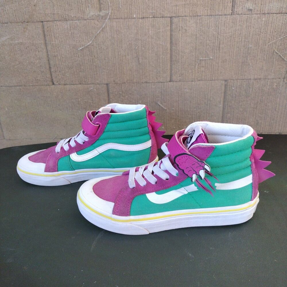 Vans Sk8-Hi Hi Top Dinosaur Sneakers Kids Size 3 Pink Green Slip-on Hook Loop